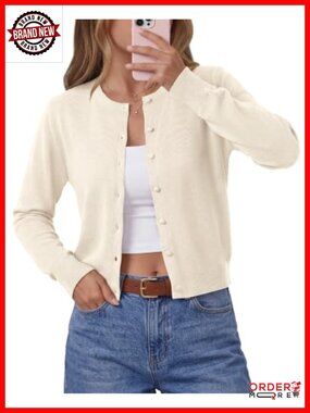 Womens Button Down Crew Neck Long Sleeve Knit Cardigan Sweater Shrug